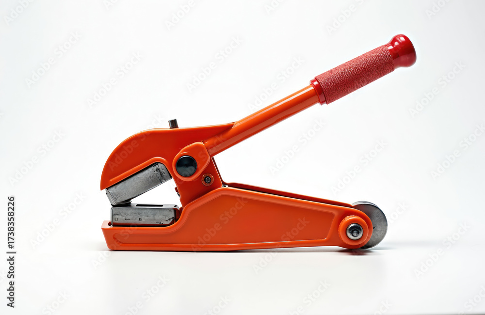 Naklejka premium Orange manual pipe bender tool for various materials. Plumber equipment easily bends tubes, pipes with accuracy. Construction, plumbing, DIY work rely on device. Bright color handle makes visible,
