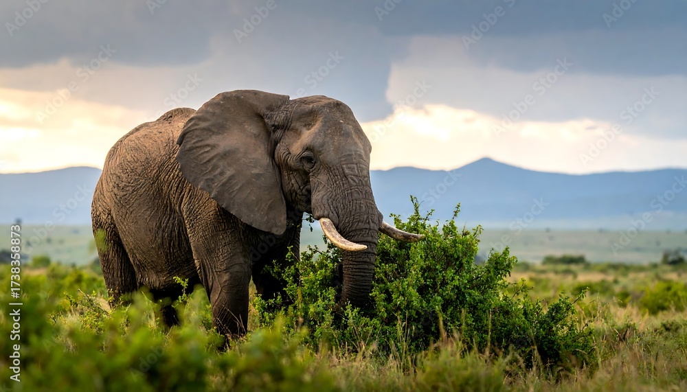 Obraz premium Majestic African Elephant Grazing in the Savannah Under a Dramatic Sky.