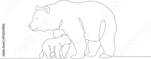 Minimalist One Line Drawing of Mother Bear and Cub Illustration