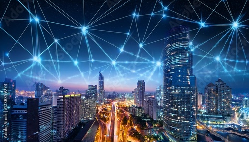 Wallpaper Mural panoramic building modern business district at night with lines and dots of connection in the sky wireless internet network in smart city Torontodigital.ca