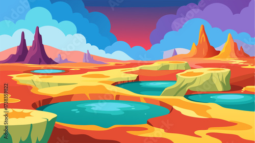 A surreal scene of bubbling multicolored hot springs in the midst of a barren rocky wasteland.