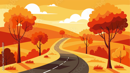 A winding country road bordered by vibrant autumnal trees in all shades of orange red and yellow.
