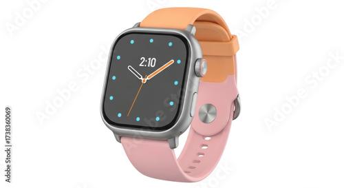 Isolated smartwatch with dual-color strap shows time 210 for wearable technology product shoot