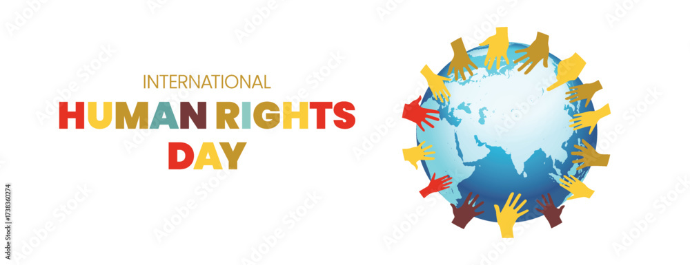 Naklejka premium Human Rights Day Banner Template with hand and 3d globe background, Equality Humanity Freedom banner Background for Social Media Cover, header and Justice Promotion template
