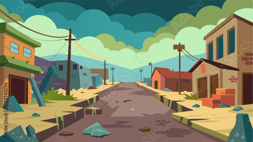 A street in a dilapidated town the homes and businesses long abandoned now only dusty remnants of a oncethriving community.