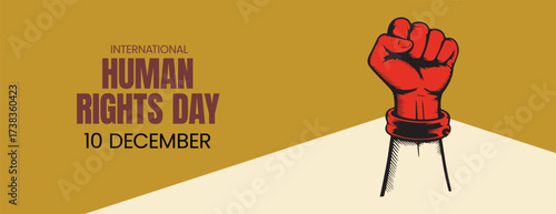 Human Rights Day social media banner template with protest crowd silhouettes, raised fist hand background, editable vector design for awareness, humanity, freedom, and justice promotion