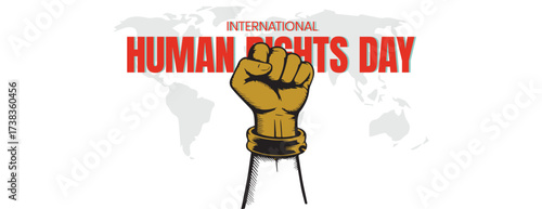 Editable Human Rights Day horizontal banner template with raised fist silhouette breaking chains, global justice awareness background, equality protest vector design for social media cover and header.
