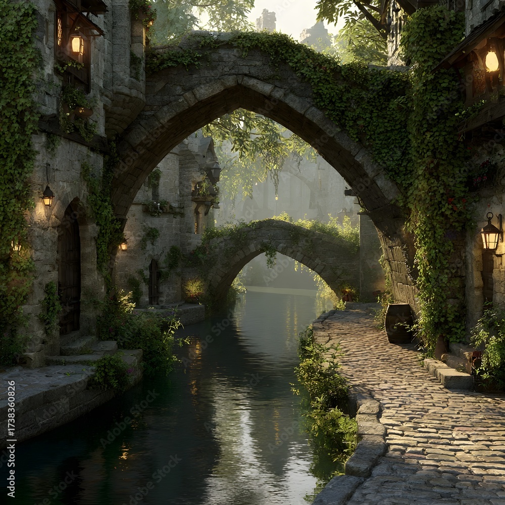 Obraz premium Stone Bridge over Medieval River