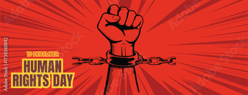 Global Human Rights Day editable horizontal banner template with raised fist chain-breaking vector, peace symbols, awareness background, equality protest, and justice for social media cover