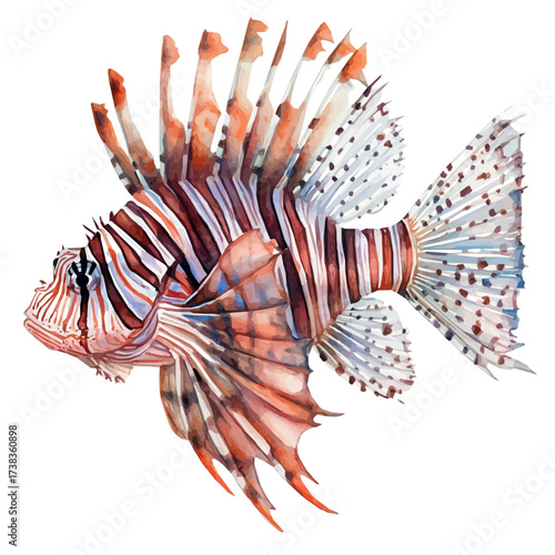 minimal yet artistic elements for creative designs. hand-drawn paint, Simple Illustration, A beautiful painting of lionfish set, EPS format, isolated on a white background, watercolor style	