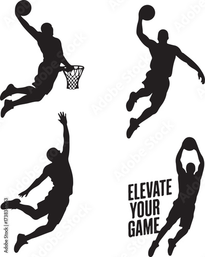 Basketball players dunking and text jump