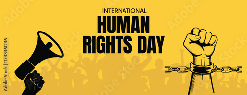 Human Rights Day  banner template with raised fist breaking chain, megaphone silhouettes, protest awareness and equality vector design for freedom, justice, and humanity promotion
