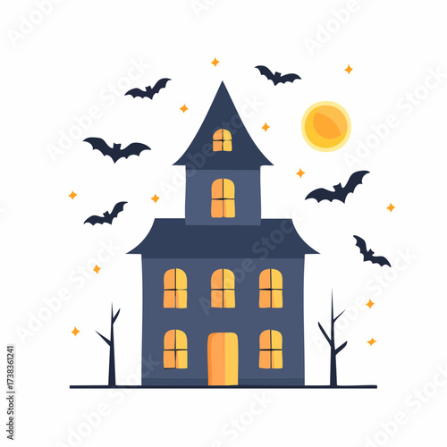 Spooky Haunted House Under Eerie Moon Magical Night with Flying Bats