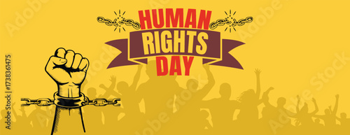Modern Human Rights Day vector banner design template with raised fist hand and crowd silhouette, freedom symbol, and awareness background for social media post and freedom humanity promotion