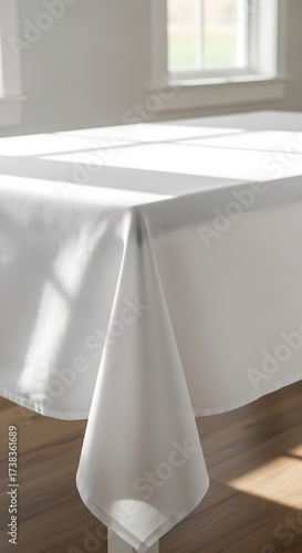 Elegant White Tablecloth on Wooden Table with Natural Light.