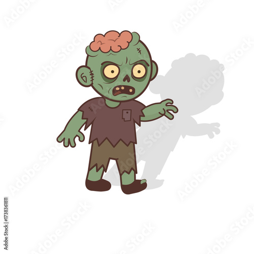 The zombie character walks with his arms outstretched. Halloween