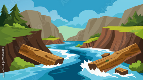 A wild stretch of the river where the water rushes and crashes over jagged cliffs and fallen logs.
