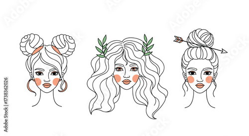 Three artistic portraits of women with unique hairstyles and makeup elements.