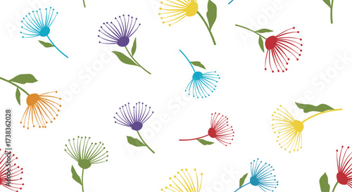A collection of colorful dandelion-like flowers on a white background.