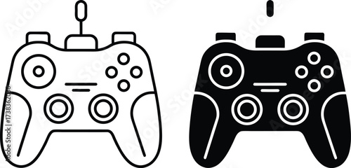 Video Game Controller Icon Set Line Art and Silhouette gamepad joystick