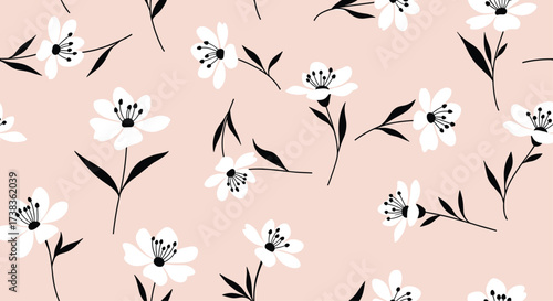 A delicate pattern of small white flowers with black stems and leaves scattered on a soft pink background.