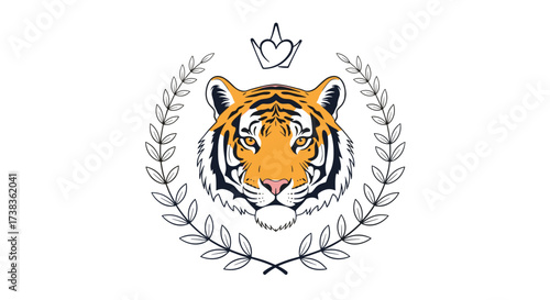 A regal tiger face adorned with a crown and laurel wreath.