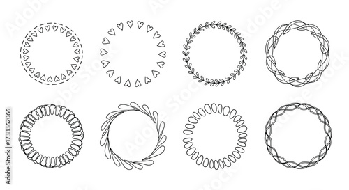 Collection of eight circular abstract ornamental frames for design.