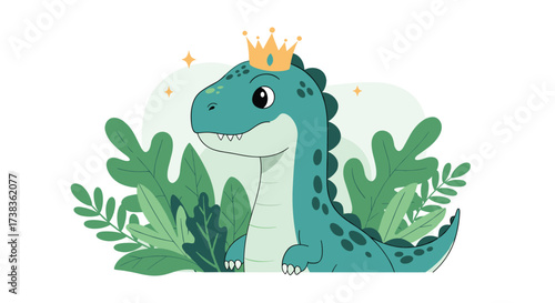 A cute green dinosaur wearing a golden crown surrounded by lush green leaves.