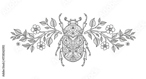 A decorative illustration of an ornate beetle adorned with floral elements.