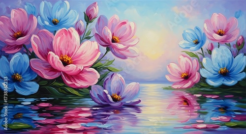 Floral Reflections - A Serene Landscape of Pink and Blue Blossoms.
