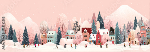 Charming winter village scene with snow covered houses and people enjoying outdoor activities in a scenic landscape illustration