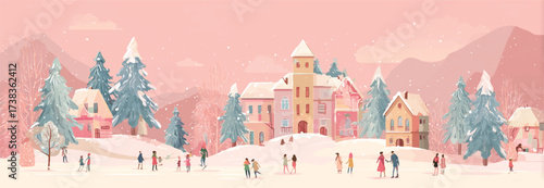 Charming Winter Village Scene with Snowfall and People Enjoying Outdoor Activities on a Cold Day