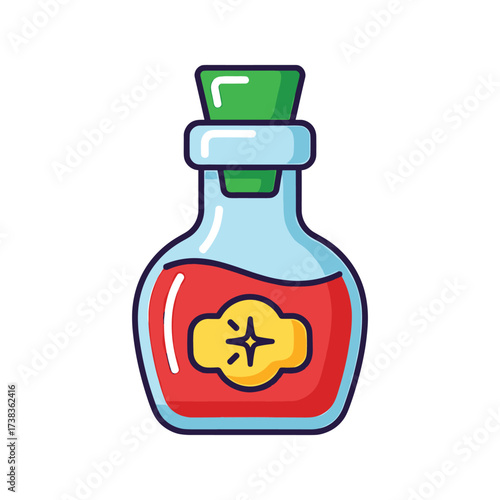 Cartoon Potion Bottle with Red Liquid and Yellow Label magic