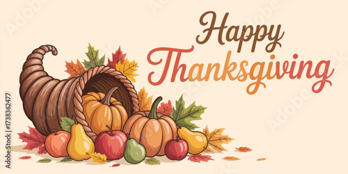 Thanksgiving illustration with cornucopia, pumpkins, fruits, and autumn leaves, celebrating harvest season and festive holiday gratitude