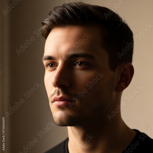 Portrait of a Thoughtful Man Looking Away with Focused Expression.