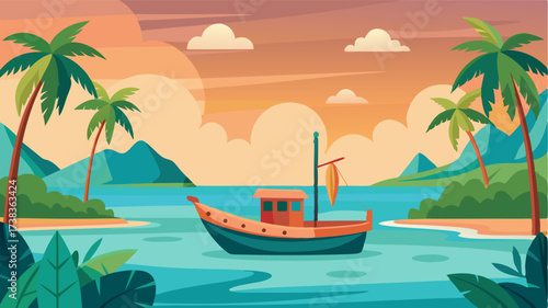 In the distance a small fishing boat sails by adding to the tranquil atmosphere of this tropical oasis.