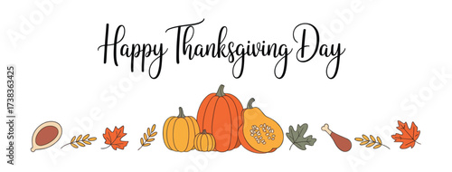 Thanksgiving Day illustration with pumpkins, pie, turkey leg, autumn leaves, and festive script, celebrating harvest and seasonal gratitude