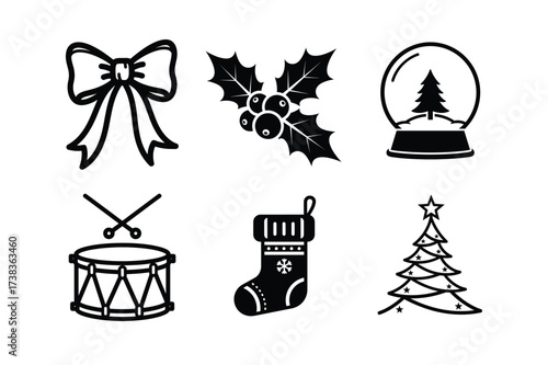 Collection of Six Black and White Christmas Icons on White Background holiday festive