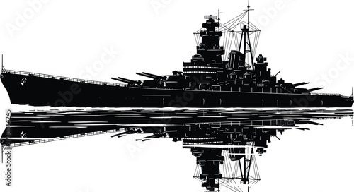 Battleship silhouette, naval reflection, warship design, military vessel, calm water, black illustration, ocean defense, maritime art, symmetrical ship, power