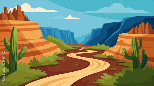 A winding path bordered by ly cacti and desert flora offering a glimpse into the harsh yet beautiful landscape of the canyon.