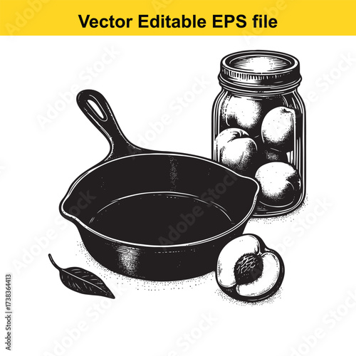 Vector art of vintage cast iron skillet and jar of peaches