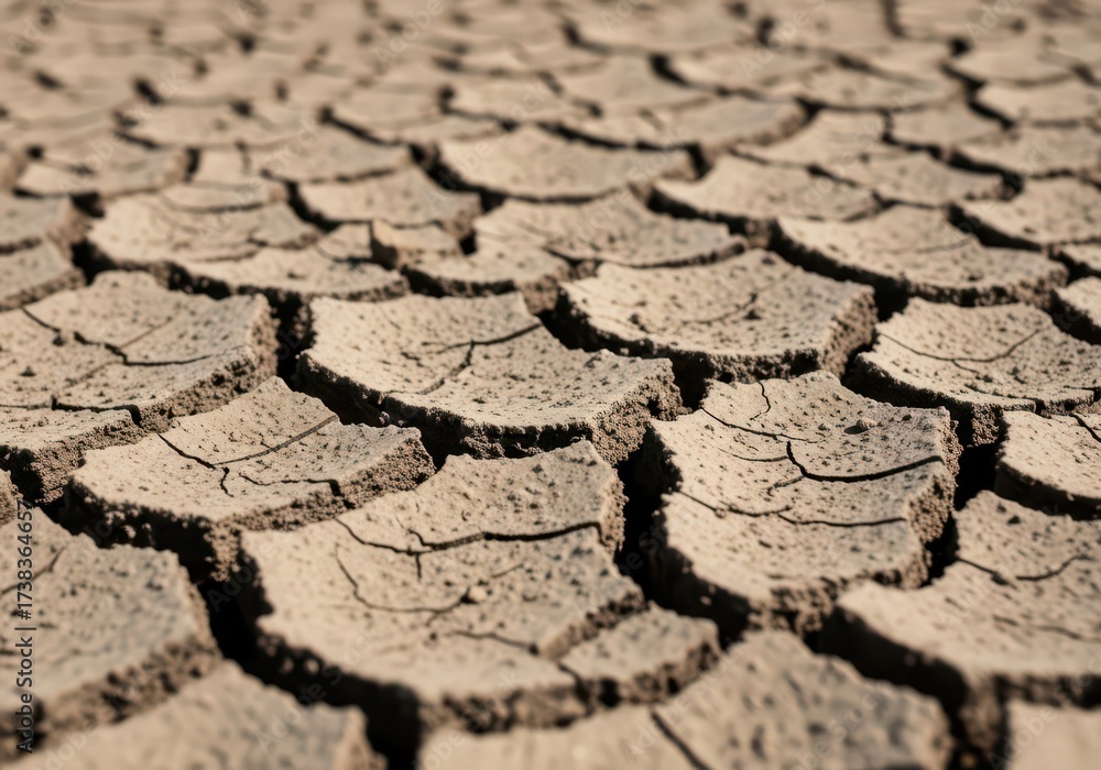 Fototapeta premium Dry, cracked desert earth showing severe drought conditions. Global warming environmental impact. Climate change and geology concept.