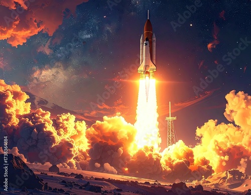 Pixel Art Rocket Launching into Starry Sky with Fiery Clouds and Lunar Landscape in Evening Light