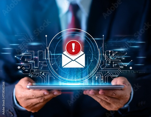 Wallpaper Mural email phishing alert concept showing hand using tablet with warning symbol spam message online scam fraud detection internet security risk cybersecurity threat and digital data protection Torontodigital.ca