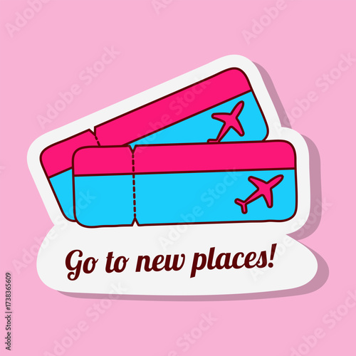 Two colourful vector travel tickets are stacked on top of each other. The tickets have airplane details and the text Go to new places is below.