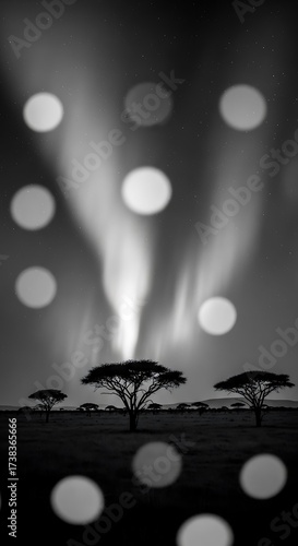 Serene African Landscape with Aurora Borealis and Bokeh.