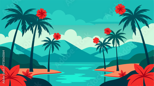A tranquil lagoon its turquoise depths lined with fiery red hibiscus flowers and towering palm trees.