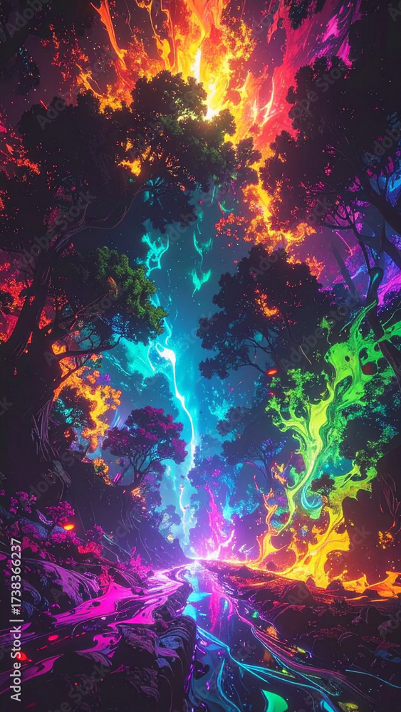Fototapeta premium Fantasy Forest Looking Up at a Magical Psychedelic and Colorful Nebula Sky