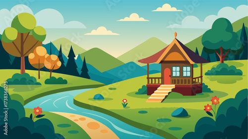 A secluded cottage in the countryside with a winding pathway leading to a peaceful pond and gazebo.