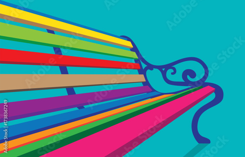 Colorful park bench with vibrant pop art style